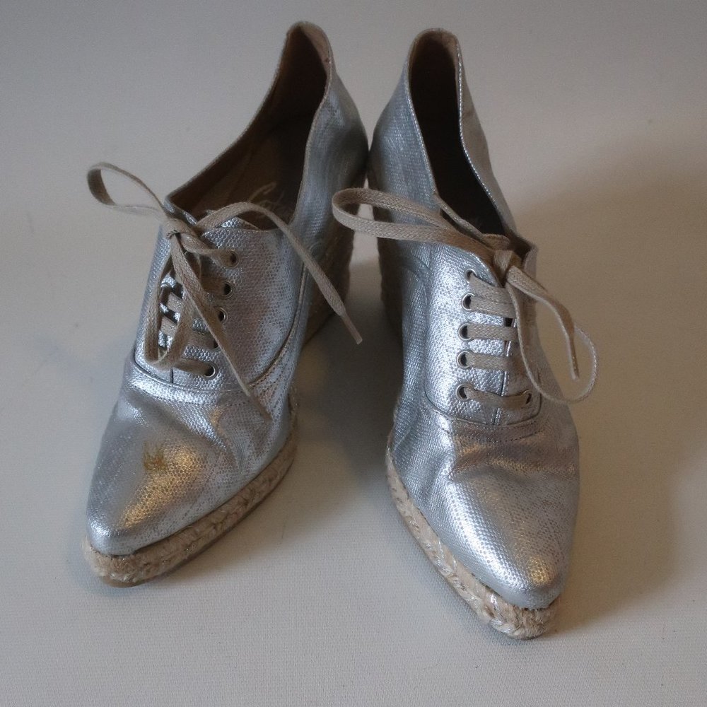 Castaner Silver Lace-Up Straw Espadrille Wedge Shoes 36 US/6 *